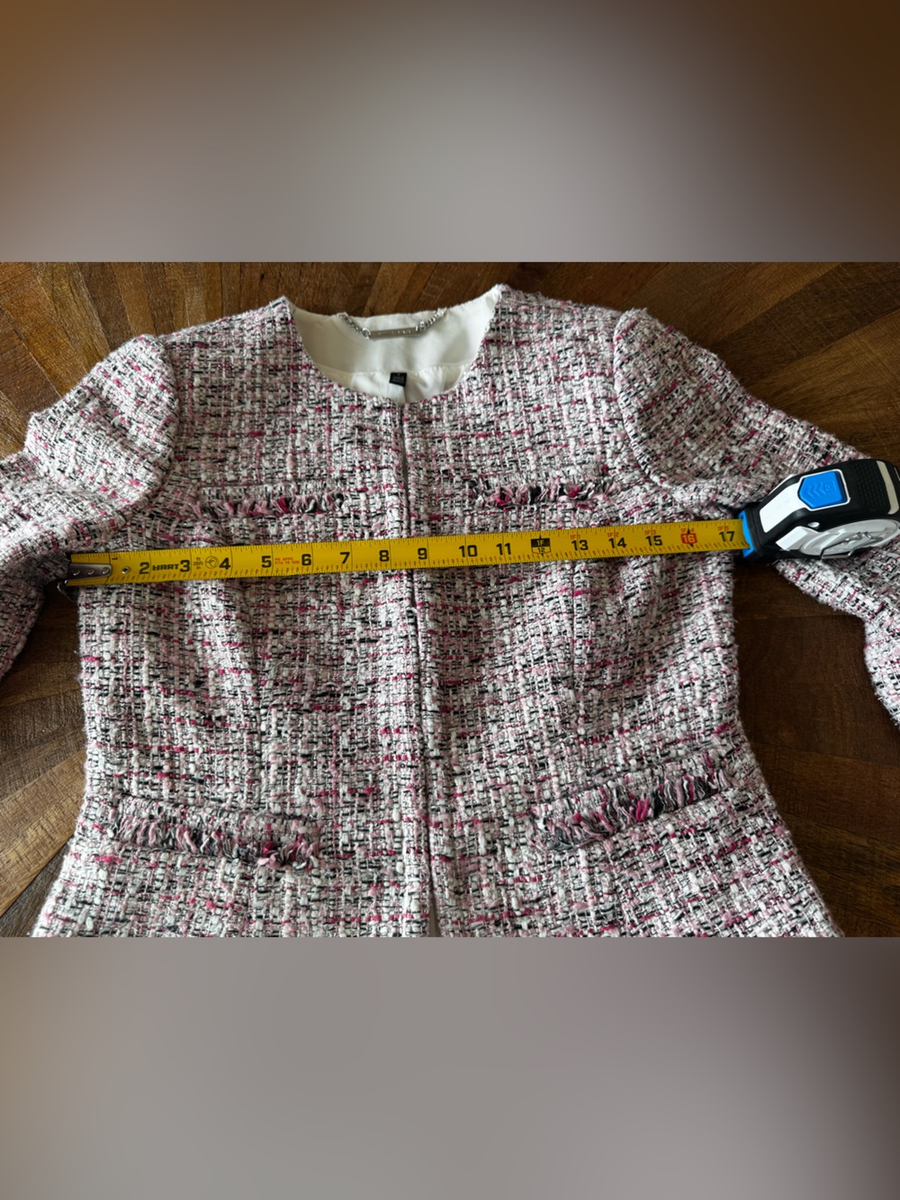White House Black Market Pink and White Tweed Collarless Blazer - Picture 14 of 16